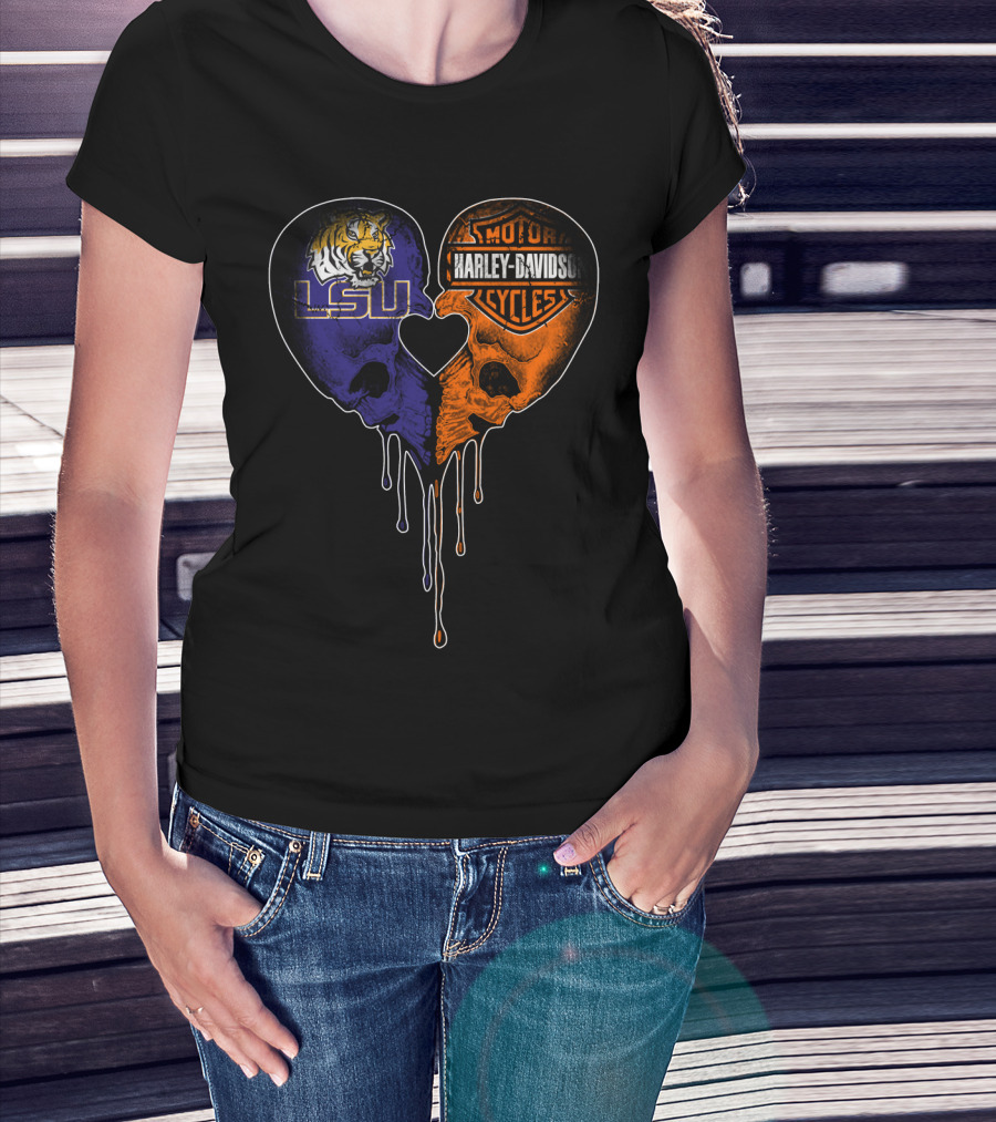 Lsu Tigers And Harley Davidson Heart Skull Fusion T-Shirt