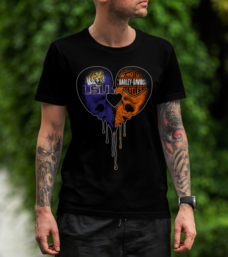 Lsu Tigers And Harley Davidson Heart Skull Fusion T-Shirt