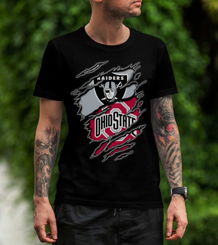 Raiders And Ohio State Fan Emblem Tear T-Shirt