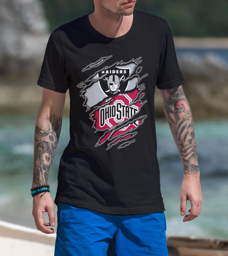 Raiders And Ohio State Fan Emblem Tear T-Shirt