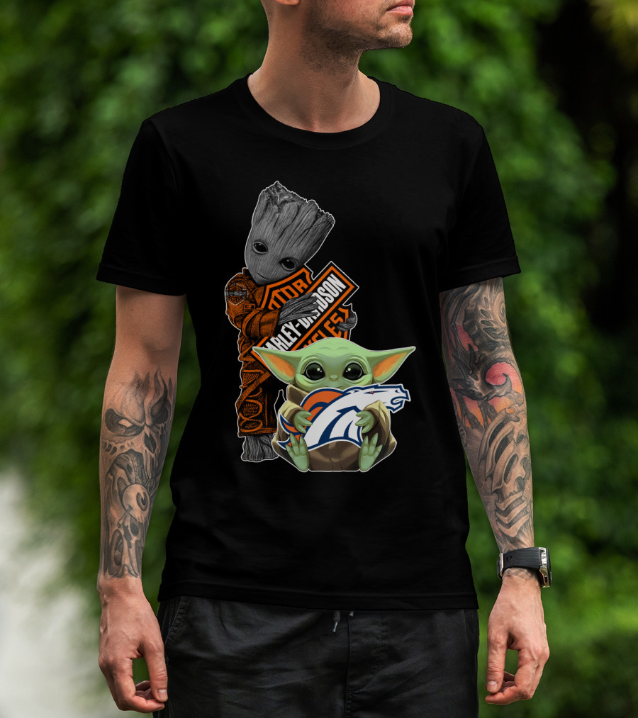 Harley Davidson Groot Baby Yoda Denver Broncos Nfl Collaboration T-Shirt