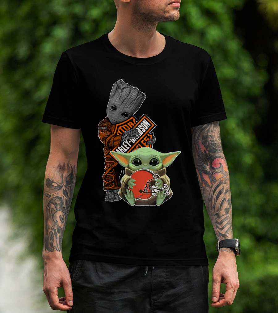 Harley Davidson Groot Baby Yoda Cleveland Browns Football T-Shirt