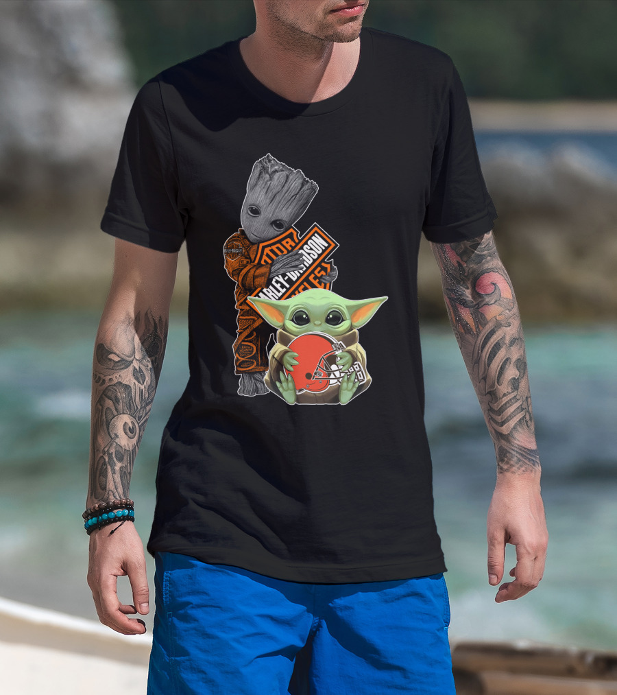 Harley Davidson Groot Baby Yoda Cleveland Browns Football T-Shirt