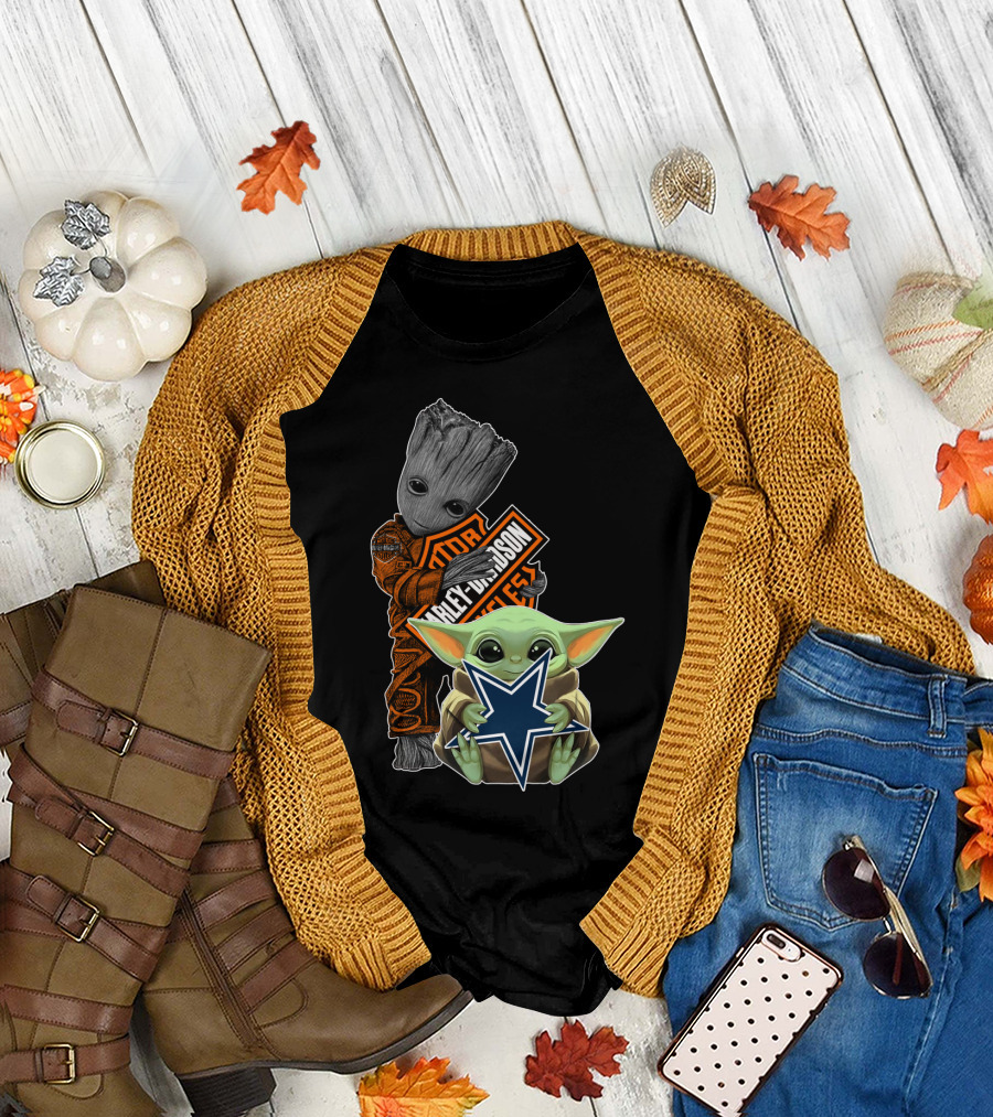 Groot Harley Davidson Dallas Cowboys Baby Yoda T-Shirt