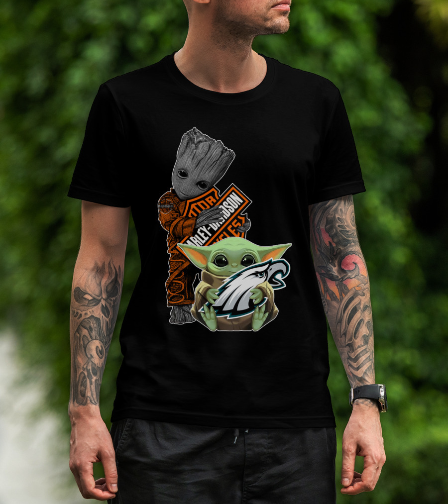 Harley Davidson Groot Philadelphia Eagles Baby Yoda T-Shirt