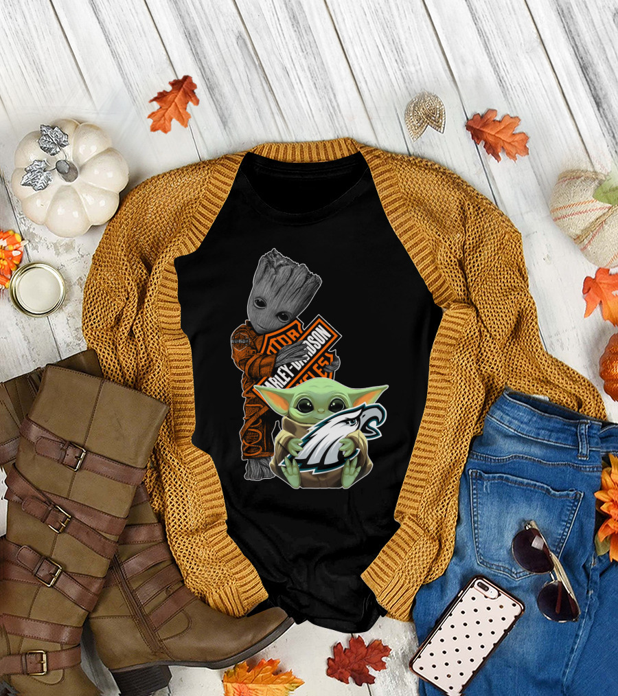 Harley Davidson Groot Philadelphia Eagles Baby Yoda T-Shirt