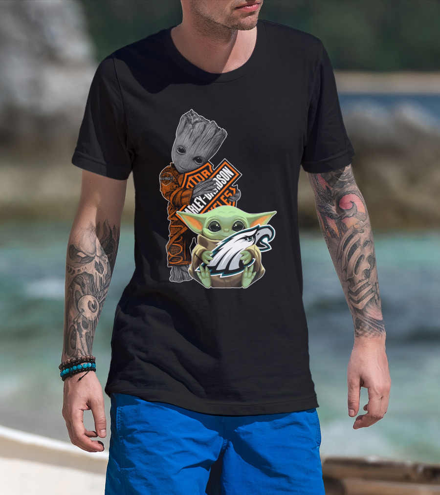 Harley Davidson Groot Philadelphia Eagles Baby Yoda T-Shirt