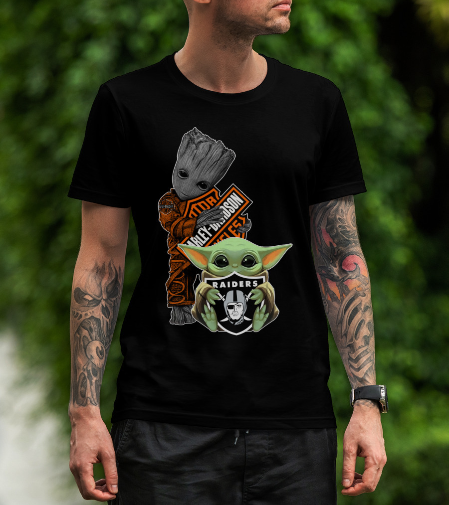 Groot Baby Yoda Harley Davidson Oakland Raiders Collaboration T-Shirt