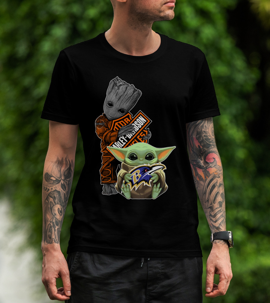 Harley Davidson Groot And Baltimore Ravens Baby Yoda T-Shirt