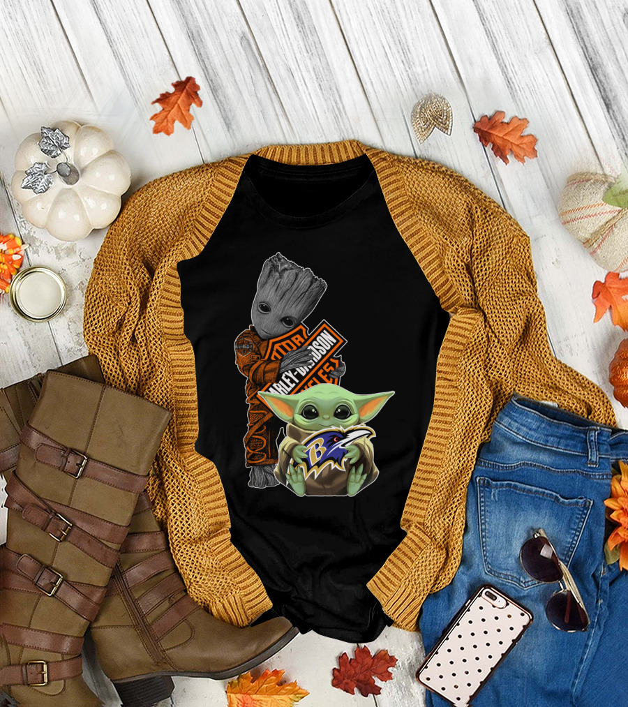 Harley Davidson Groot And Baltimore Ravens Baby Yoda T-Shirt