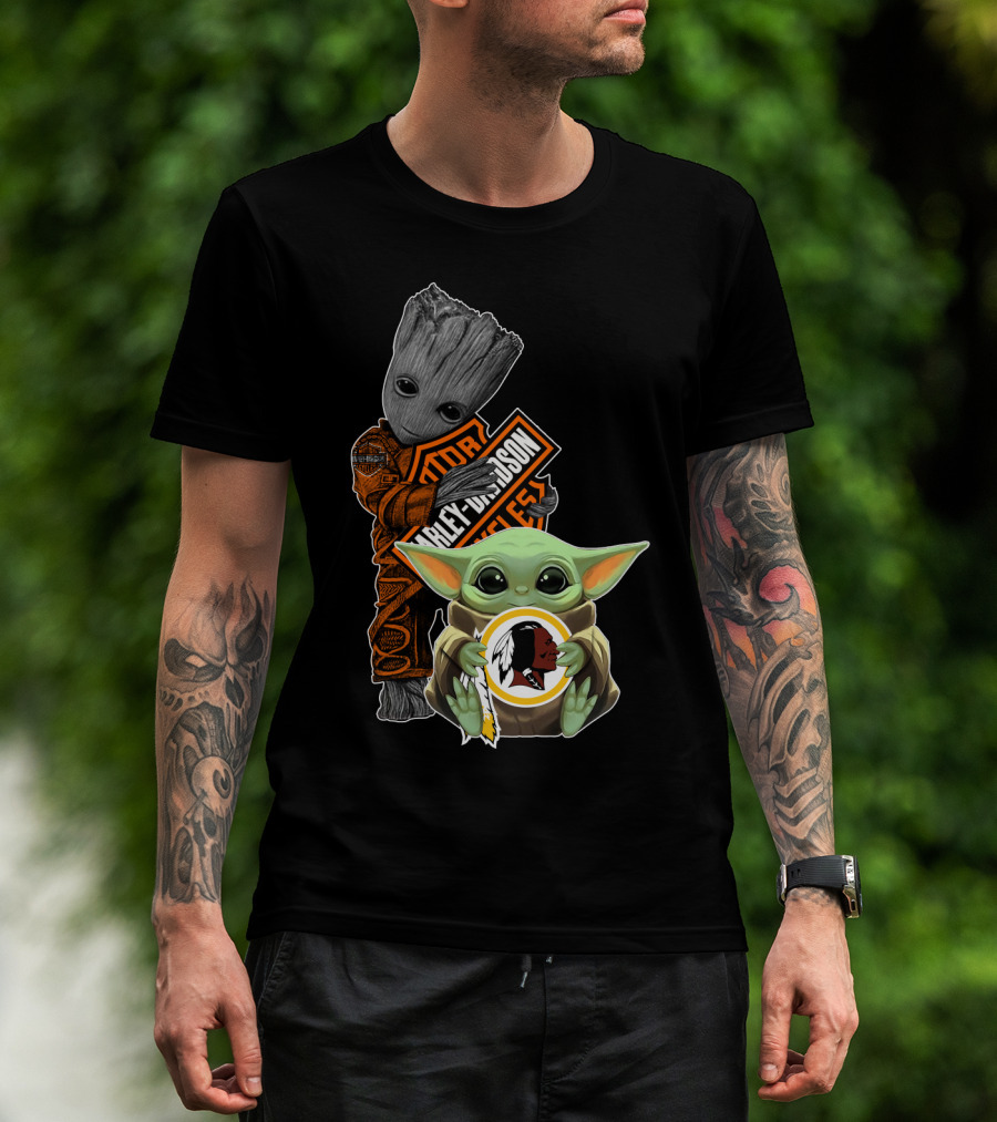 Groot Holding Harley Davidson Logo With Baby Yoda And Washington Redskins Symbol T-Shirt