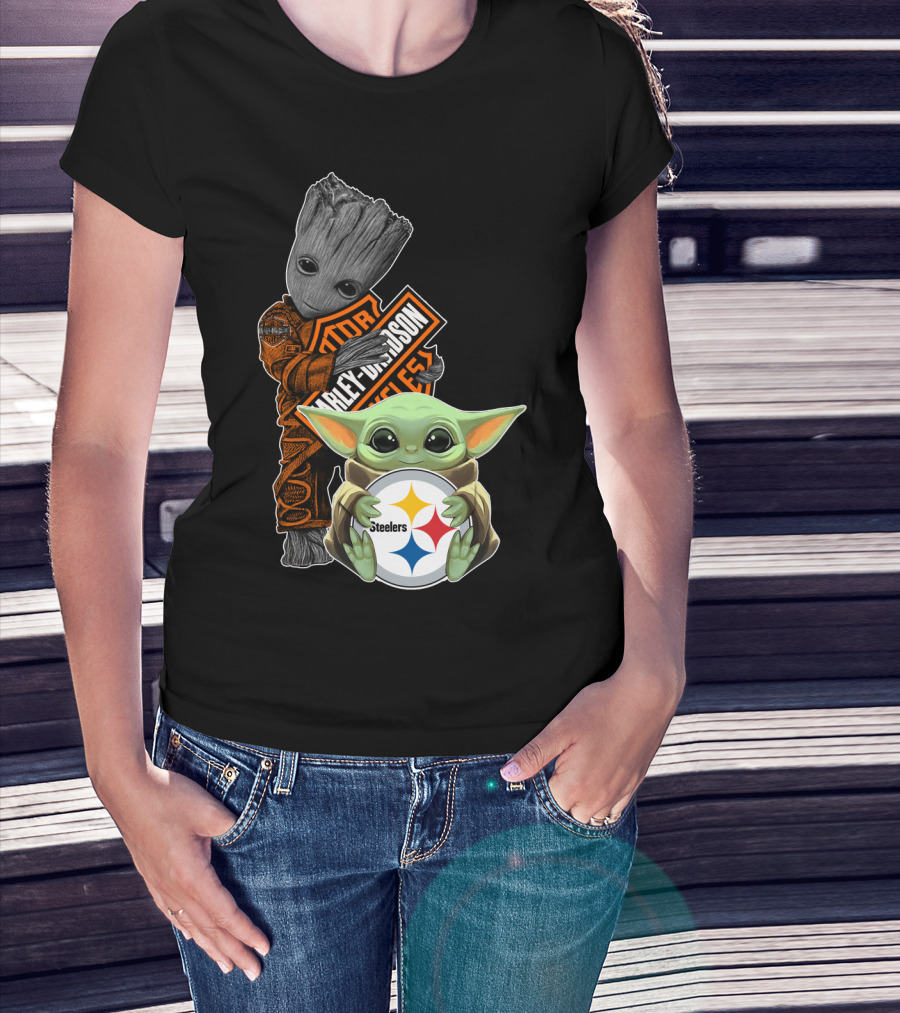 Baby Yoda And Groot Harley Davidson Steelers Crossover T-Shirt