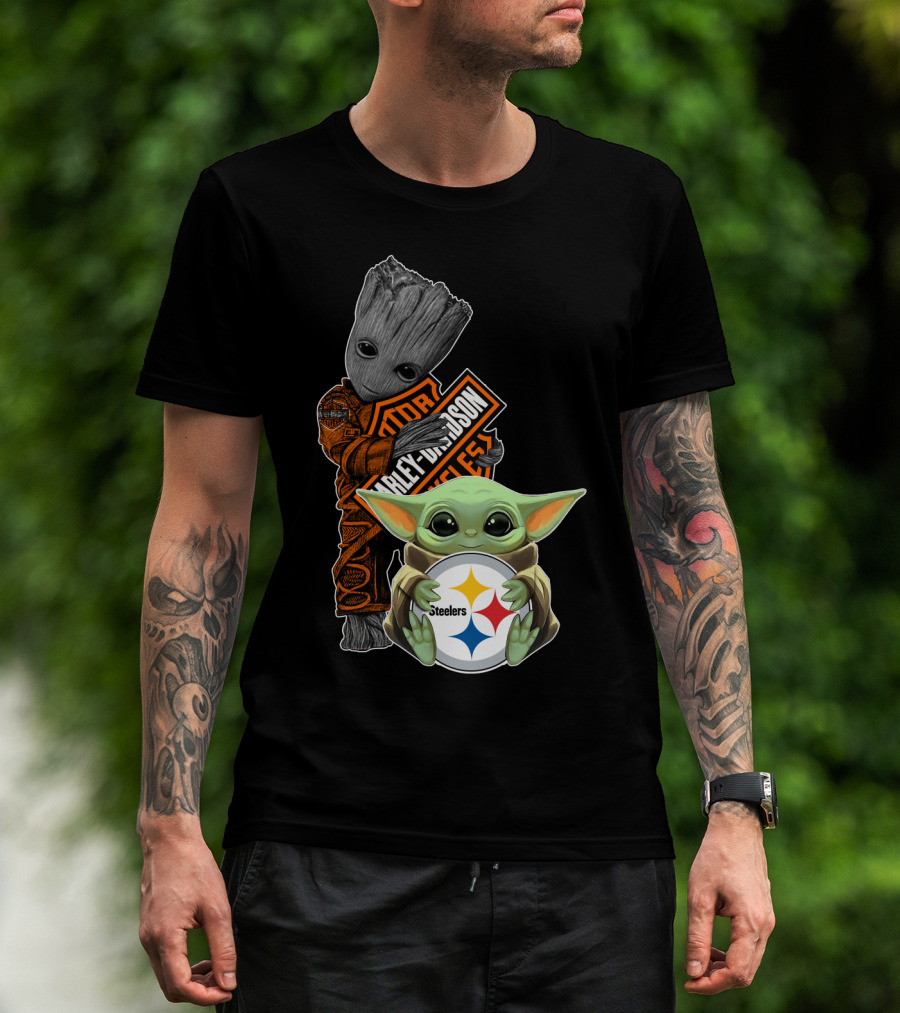 Baby Yoda And Groot Harley Davidson Steelers Crossover T-Shirt