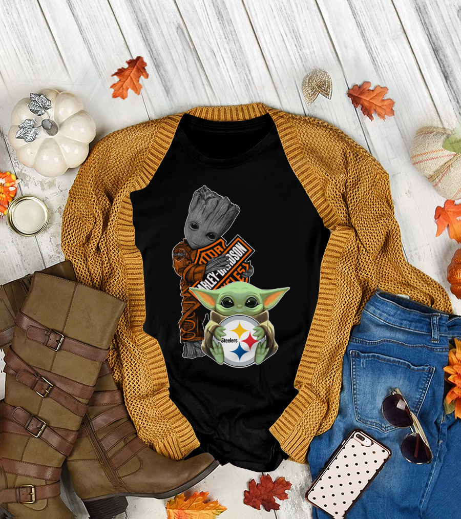 Baby Yoda And Groot Harley Davidson Steelers Crossover T-Shirt