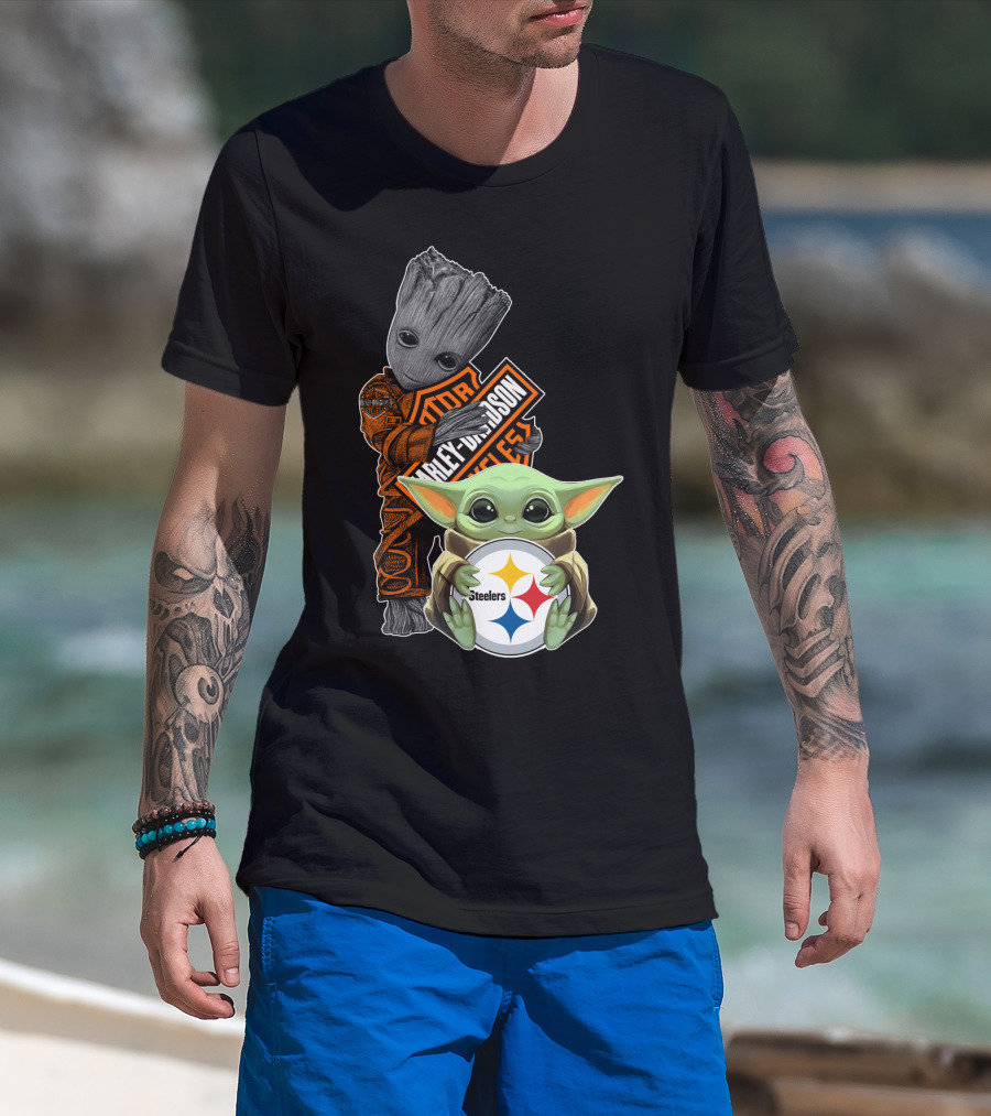 Baby Yoda And Groot Harley Davidson Steelers Crossover T-Shirt