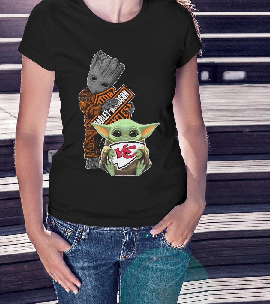 Harley Davidson Groot With Kansas City Chiefs Baby Yoda T-Shirt