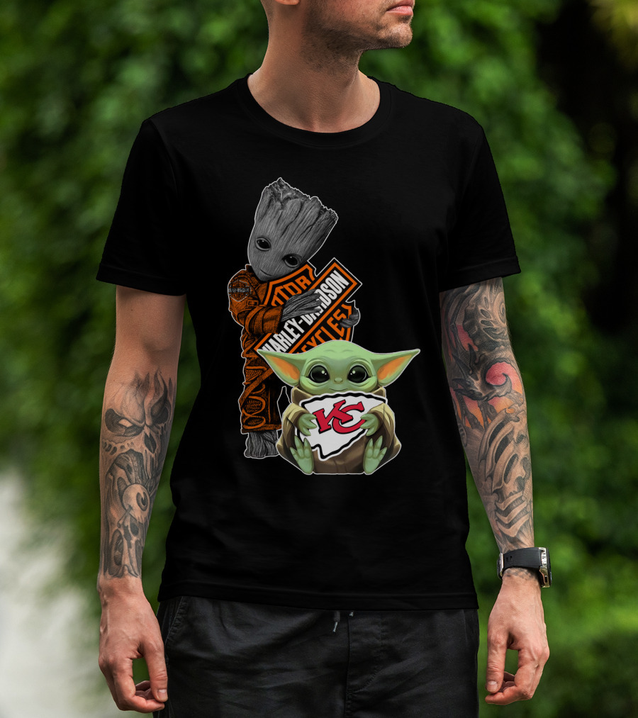 Harley Davidson Groot With Kansas City Chiefs Baby Yoda T-Shirt
