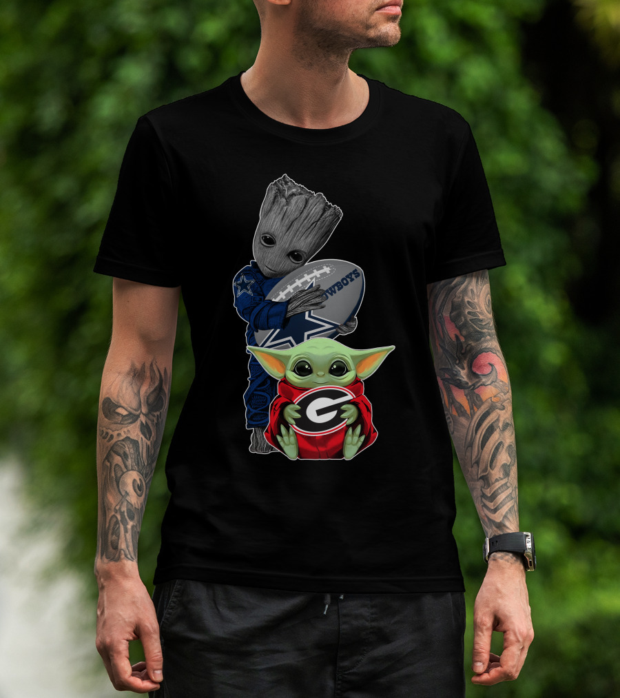 Cowboys Groot Football With Bulldogs Baby Yoda In Georgia Red T-Shirt