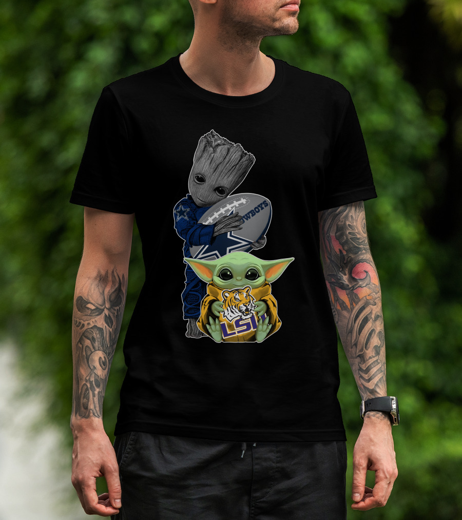 Groot Holding Cowboys Football Baby Yoda Lsu Tigers T-Shirt