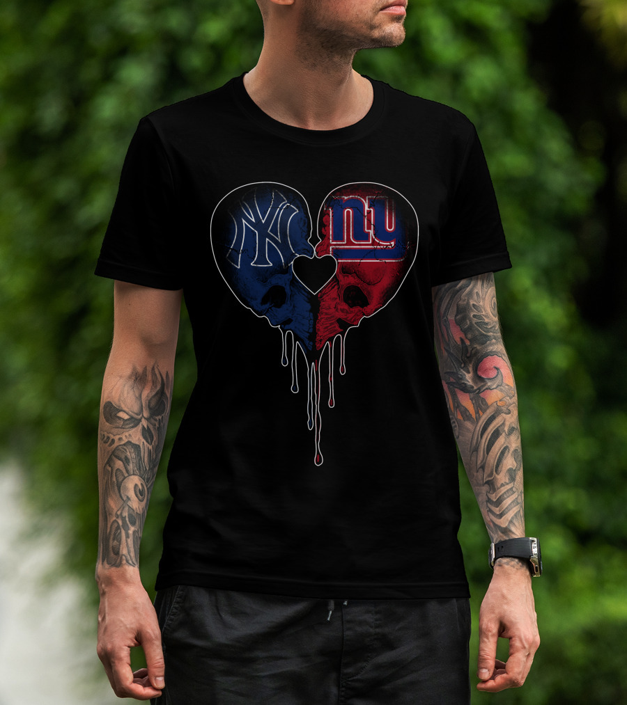 Yankees Giants Heart Skull Dripping Logos Blue Red Black T-Shirt