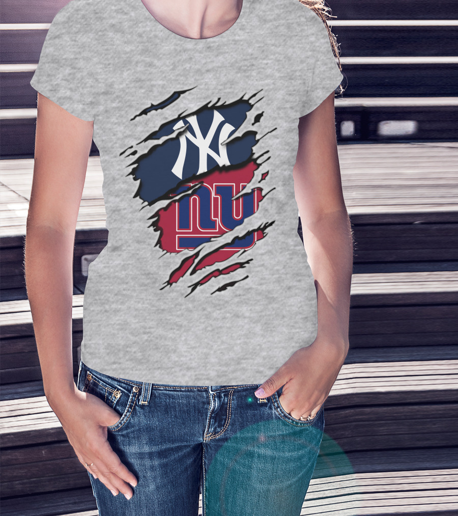 New York Yankees New York Giants Ripped Torn Combo T-Shirt