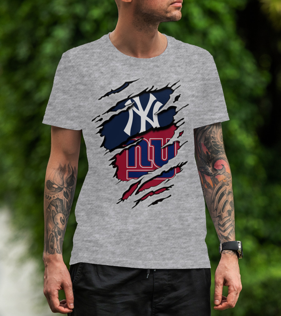 New York Yankees New York Giants Ripped Torn Combo T-Shirt