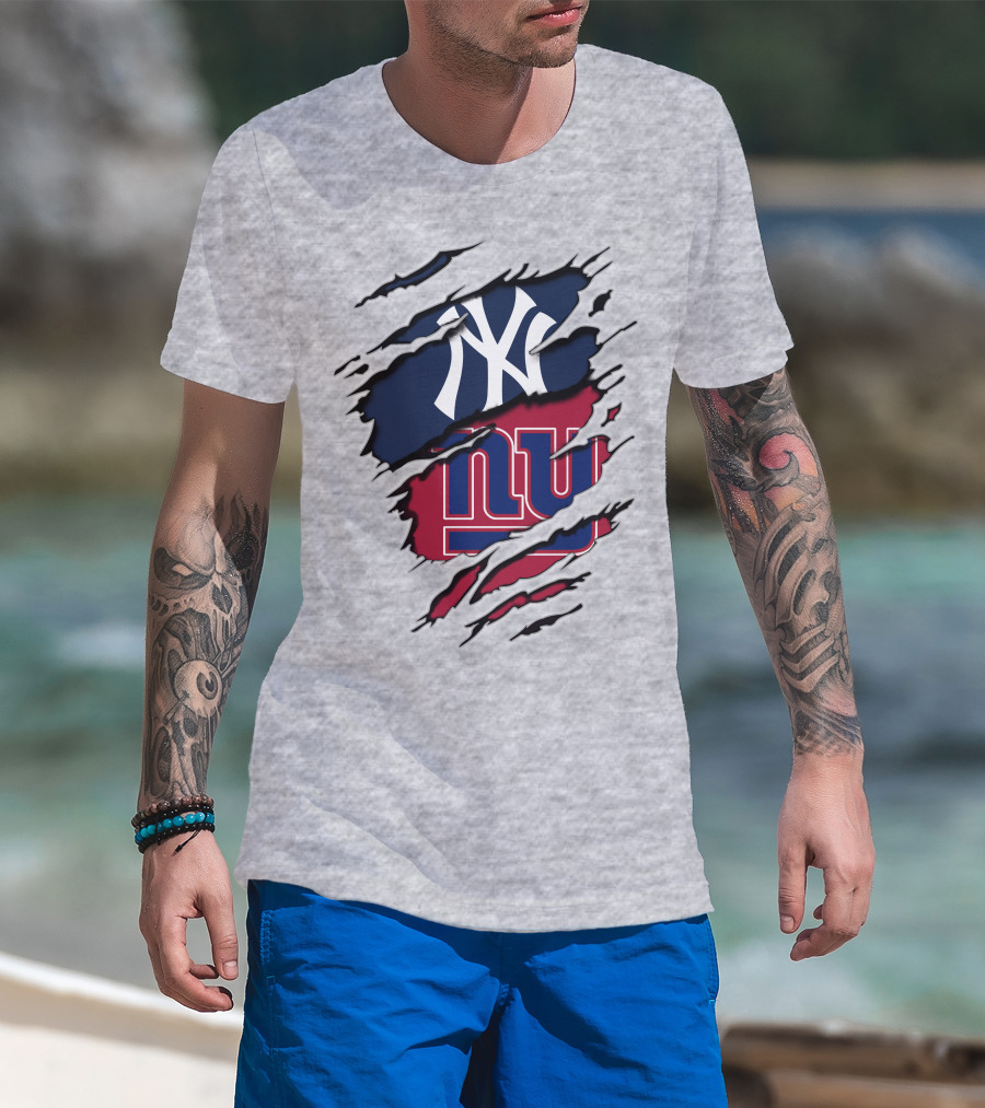 New York Yankees New York Giants Ripped Torn Combo T-Shirt
