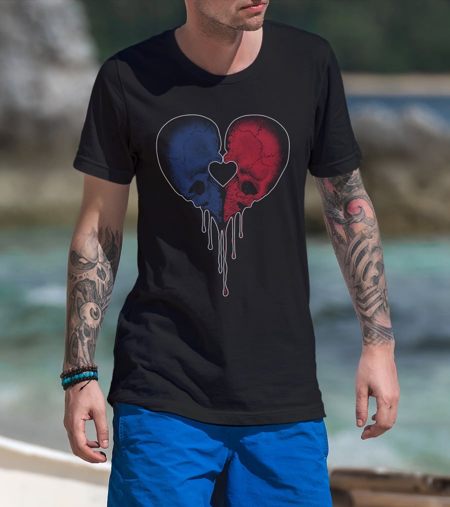Split Red And Blue Skull Heart Dripping T-Shirt