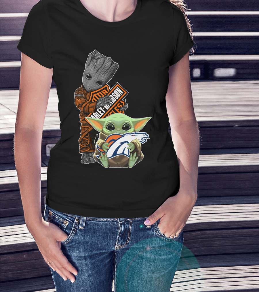 Baby Yoda Holding Broncos Logo Harley Davidson Guardians Of Galaxy Crossover T-Shirt