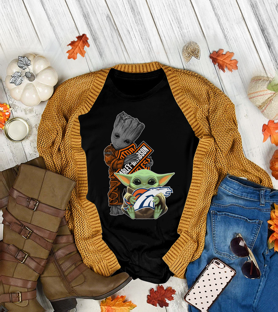 Baby Yoda Holding Broncos Logo Harley Davidson Guardians Of Galaxy Crossover T-Shirt
