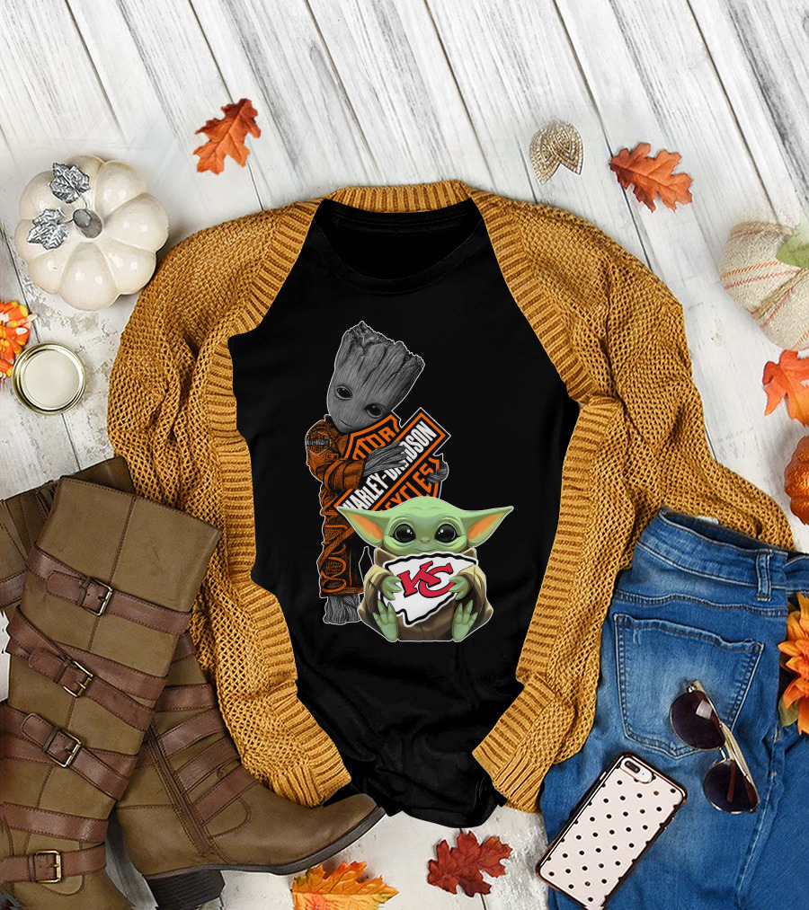 Groot Harley Davidson Logo Baby Yoda Kansas City Chiefs T-Shirt
