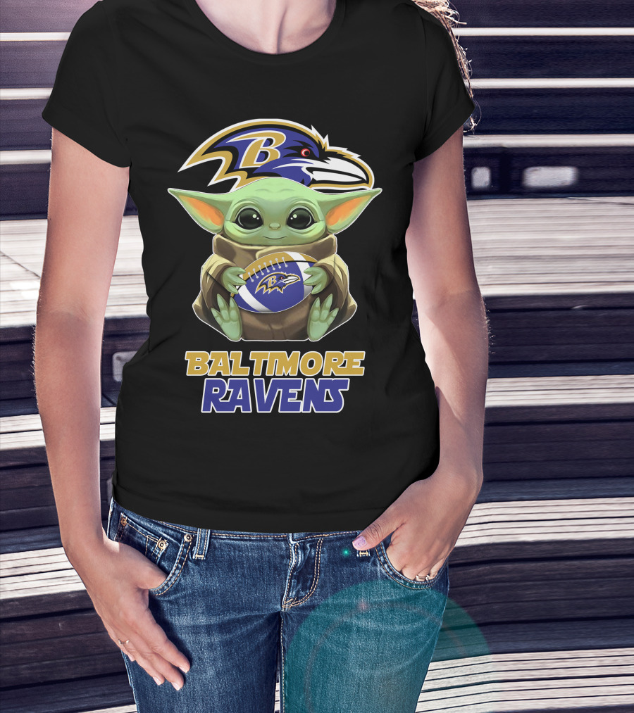 Baltimore Ravens Baby Yoda Holding Football T-Shirt