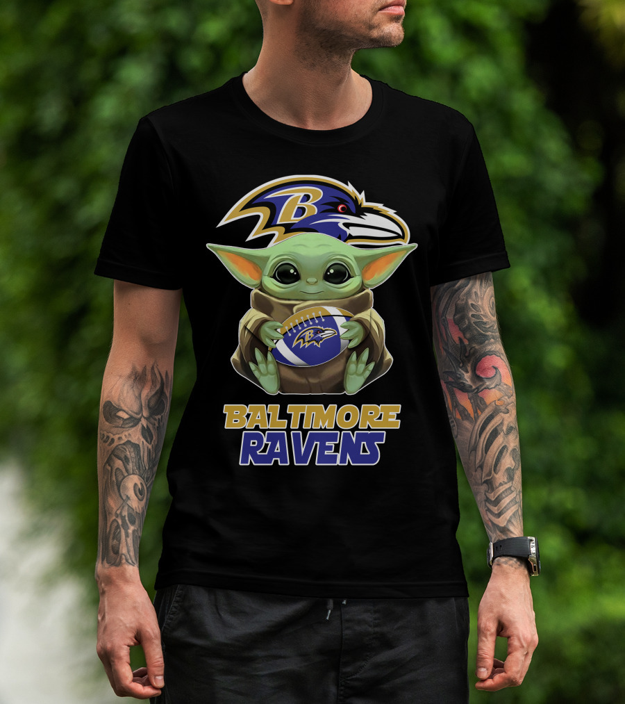 Baltimore Ravens Baby Yoda Holding Football T-Shirt