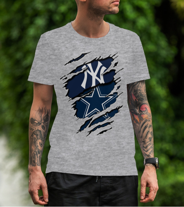Cowboys Yankees Logo Mashup On Torn Background Gray T-Shirt