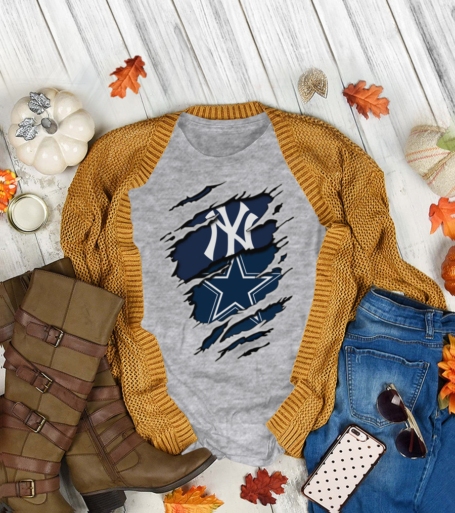 Cowboys Yankees Logo Mashup on Torn Background Gray T-Shirt