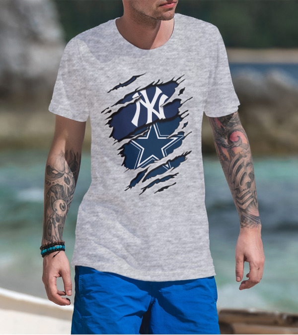 Cowboys Yankees Logo Mashup On Torn Background Gray T-Shirt