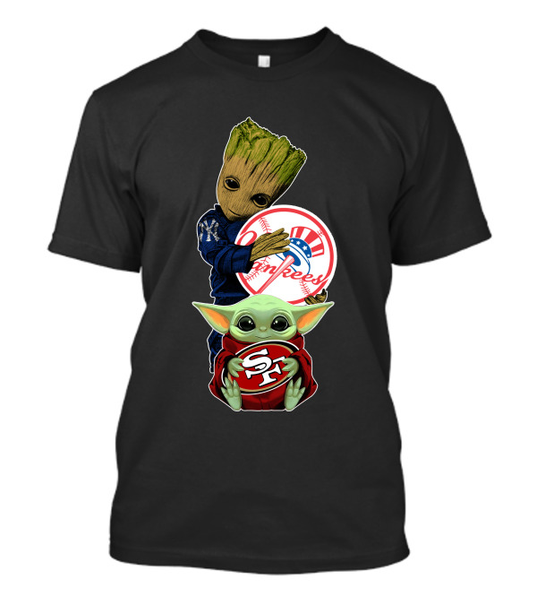 Groot Yankees Logo And Baby Yoda 49ers Sf Team Crossover T-Shirt