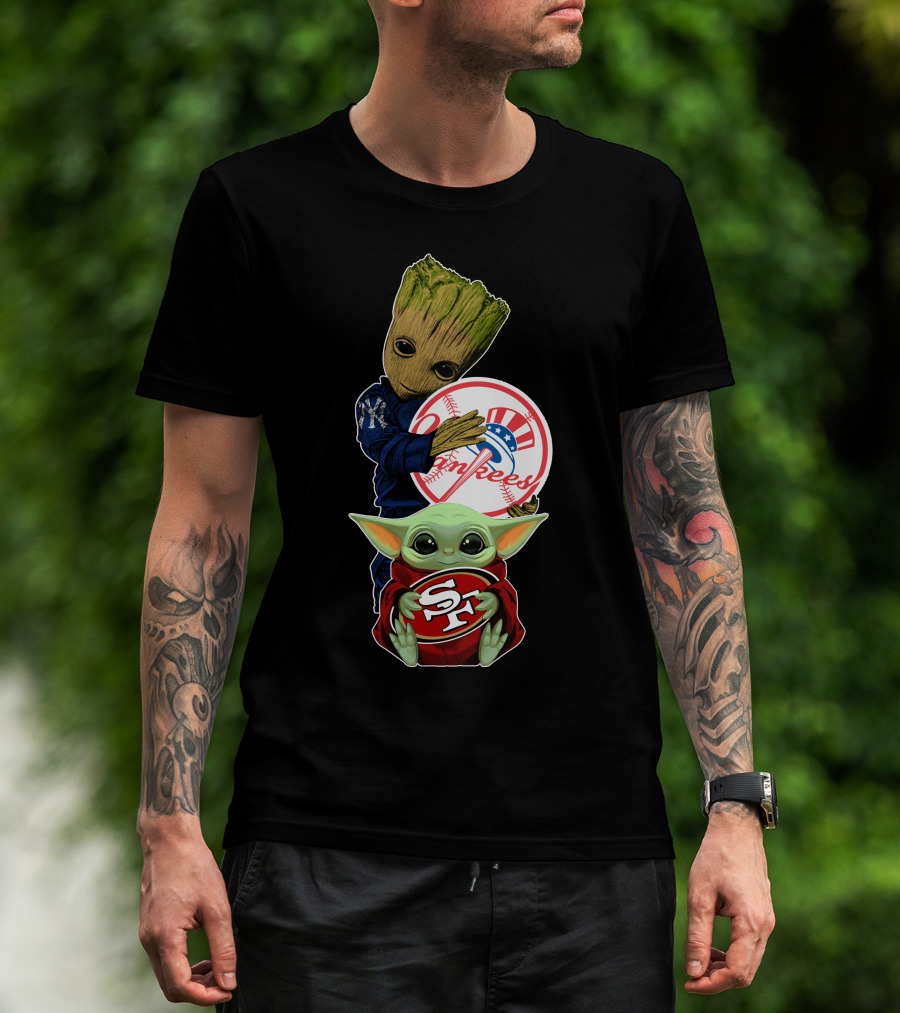 Groot Yankees Logo And Baby Yoda 49ers Sf Team Crossover T-Shirt