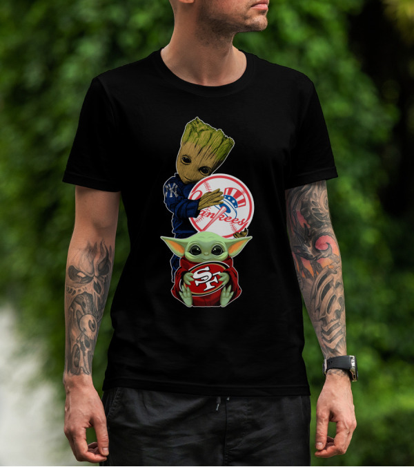 Groot Yankees Logo And Baby Yoda 49ers Sf Team Crossover T-Shirt