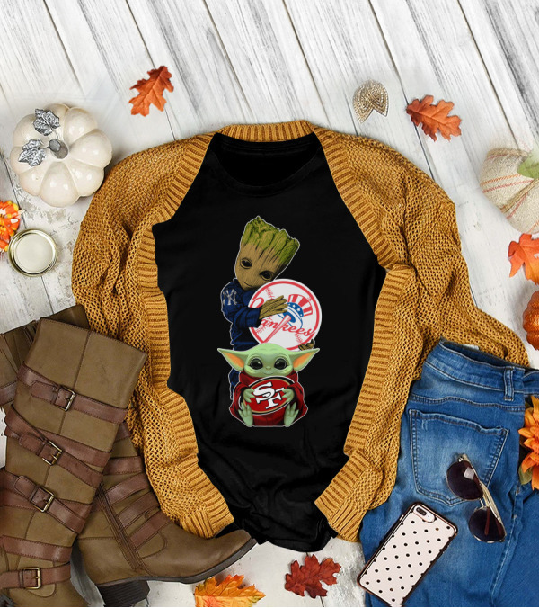 Groot Yankees Logo And Baby Yoda 49ers Sf Team Crossover T-Shirt