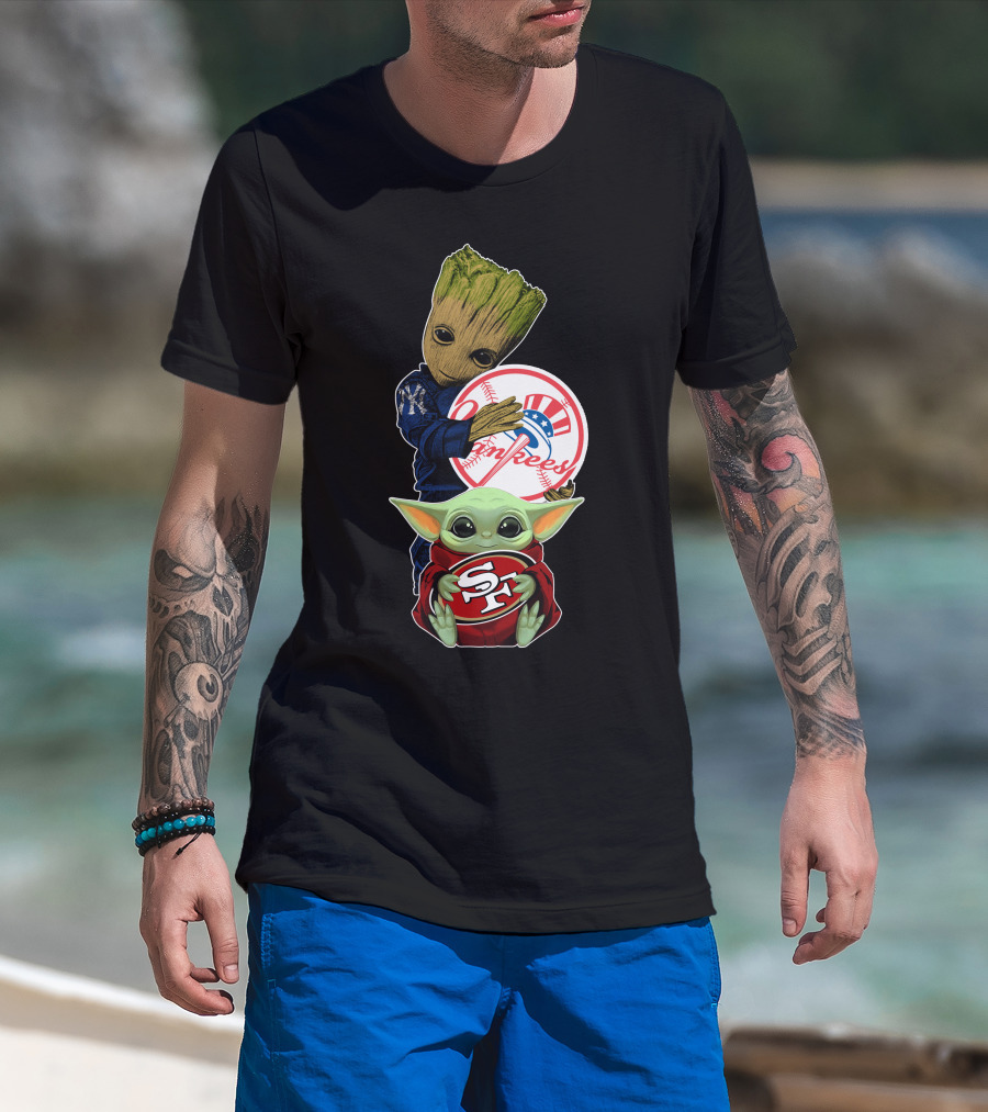 Groot Yankees Logo And Baby Yoda 49ers Sf Team Crossover T-Shirt