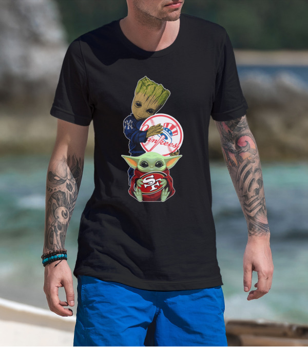 Groot Yankees Logo And Baby Yoda 49ers Sf Team Crossover T-Shirt