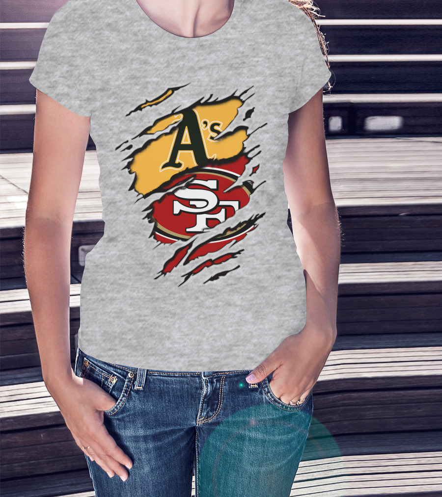 Oakland A's And San Francisco 49ers Torn Layered Logo Fusion T-Shirt