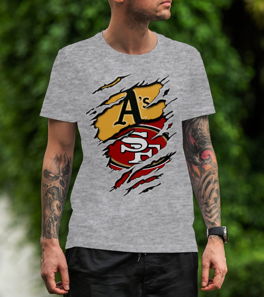 Oakland A's And San Francisco 49ers Torn Layered Logo Fusion T-Shirt