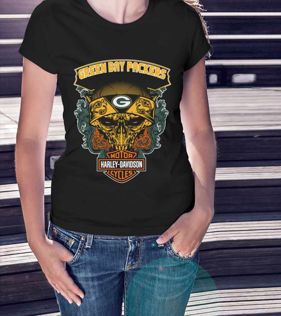 Green Bay Packers Harley Davidson Motorcycles Skull Bandana T-Shirt