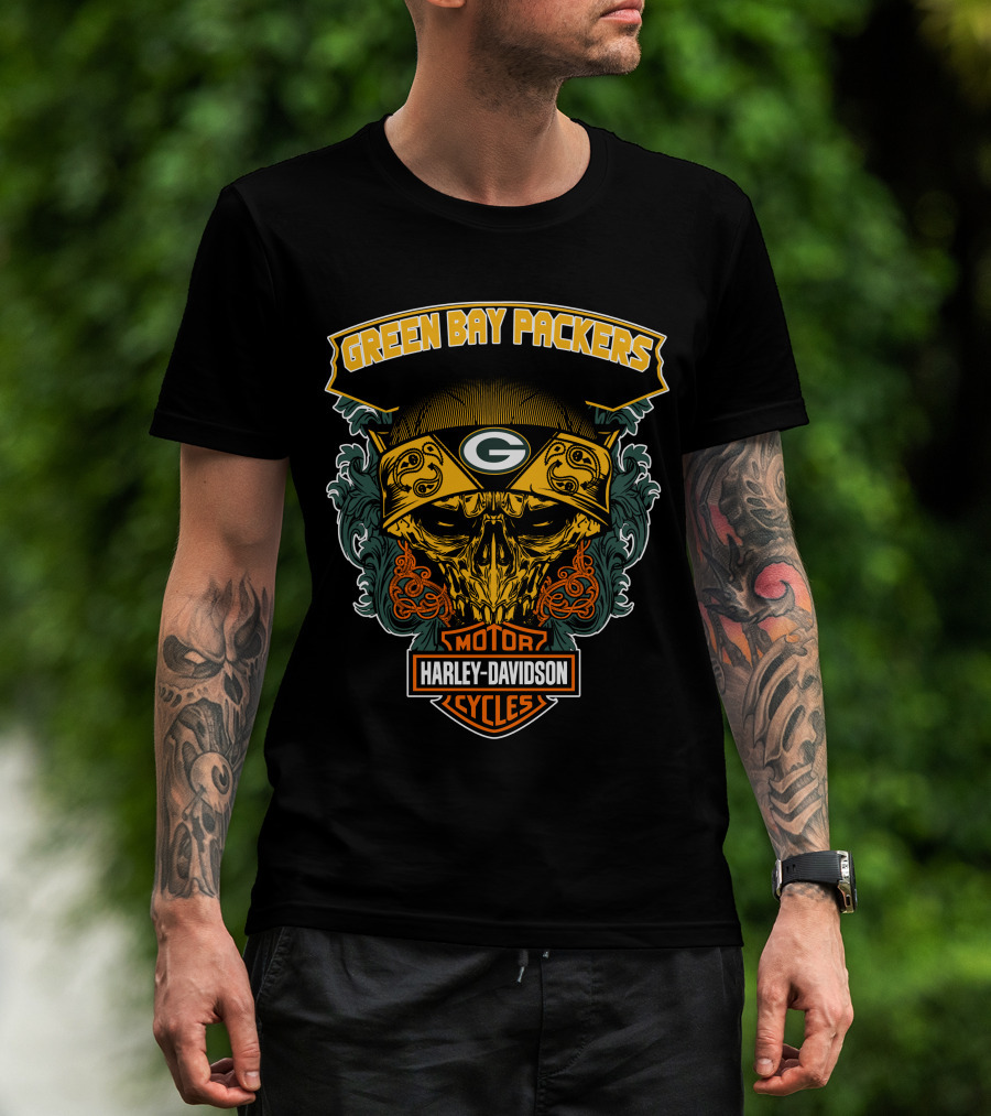 Green Bay Packers Harley Davidson Motorcycles Skull Bandana T-Shirt