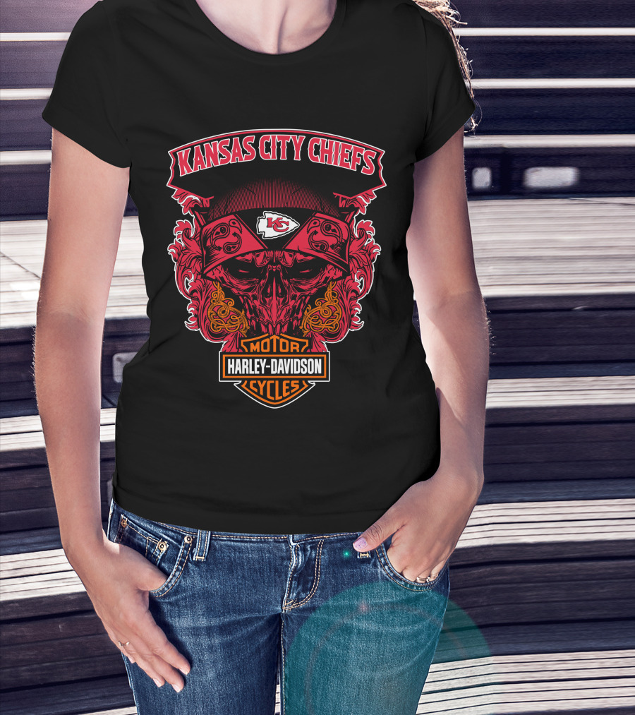Kansas City Chiefs Harley Davidson Motorcycles Skull T-Shirt