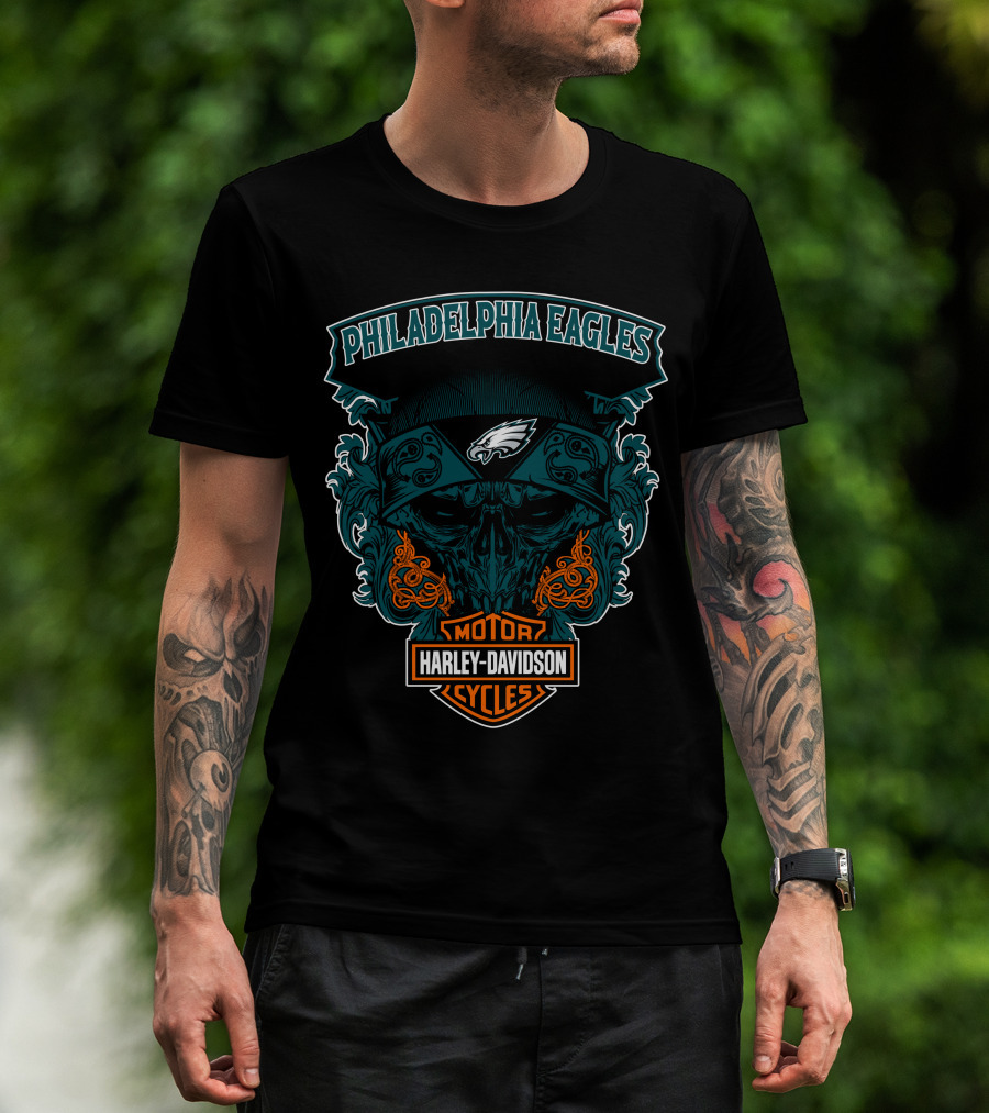 Philadelphia Eagles Harley Davidson Motorcycles Skull T-Shirt