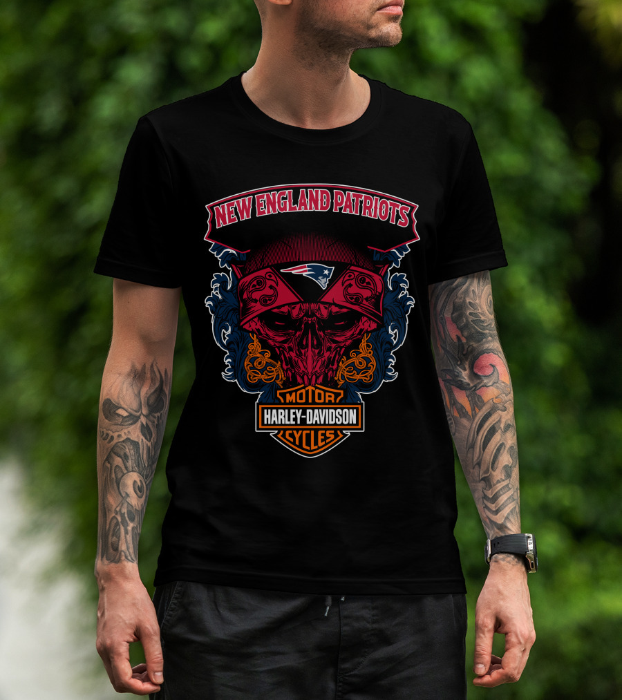 New England Patriots Skull Harley Davidson Motorcycles T-Shirt