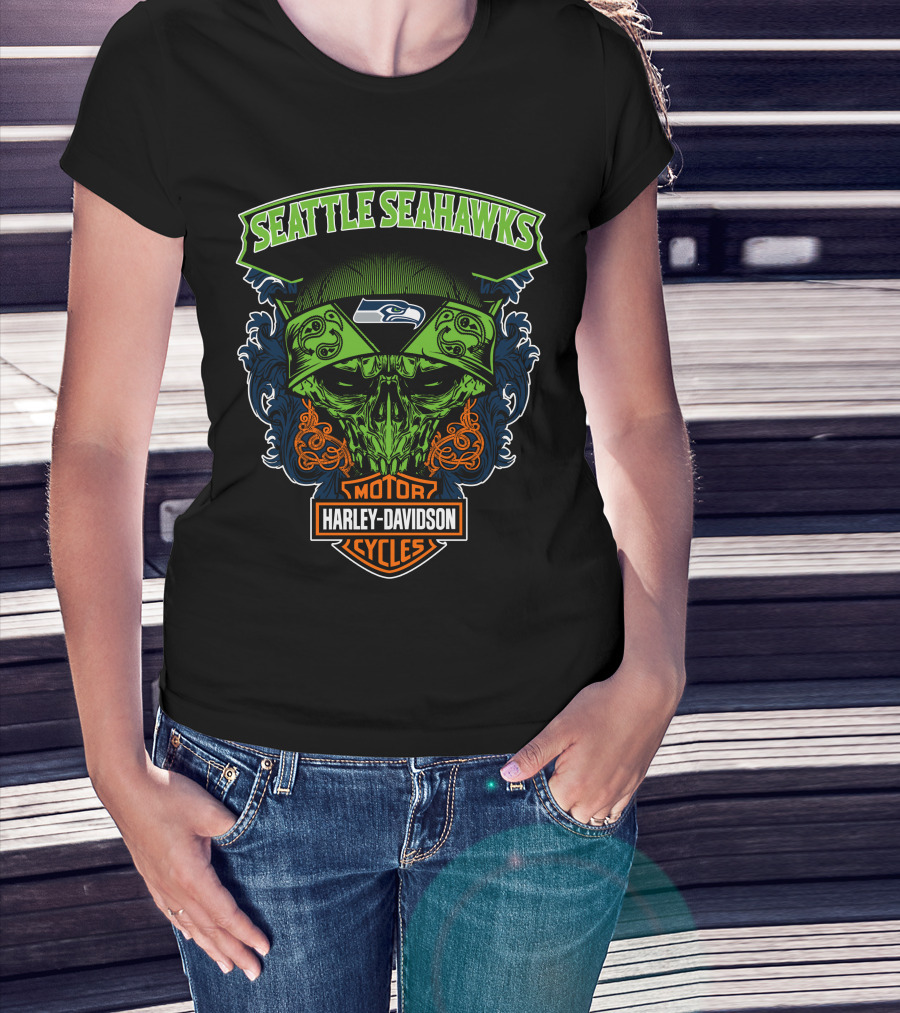 Seattle Seahawks Harley Davidson Skull Motor Cycles T-Shirt